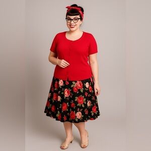 Modcloth Womens Cardigan Plus Sz 1X Red Cotton Short Sleeve Retro Cotton Knit